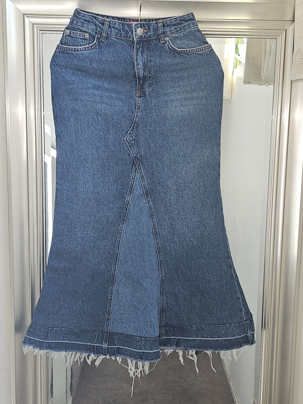 Zara Dark Blue Denim Flared Midi Skirt
